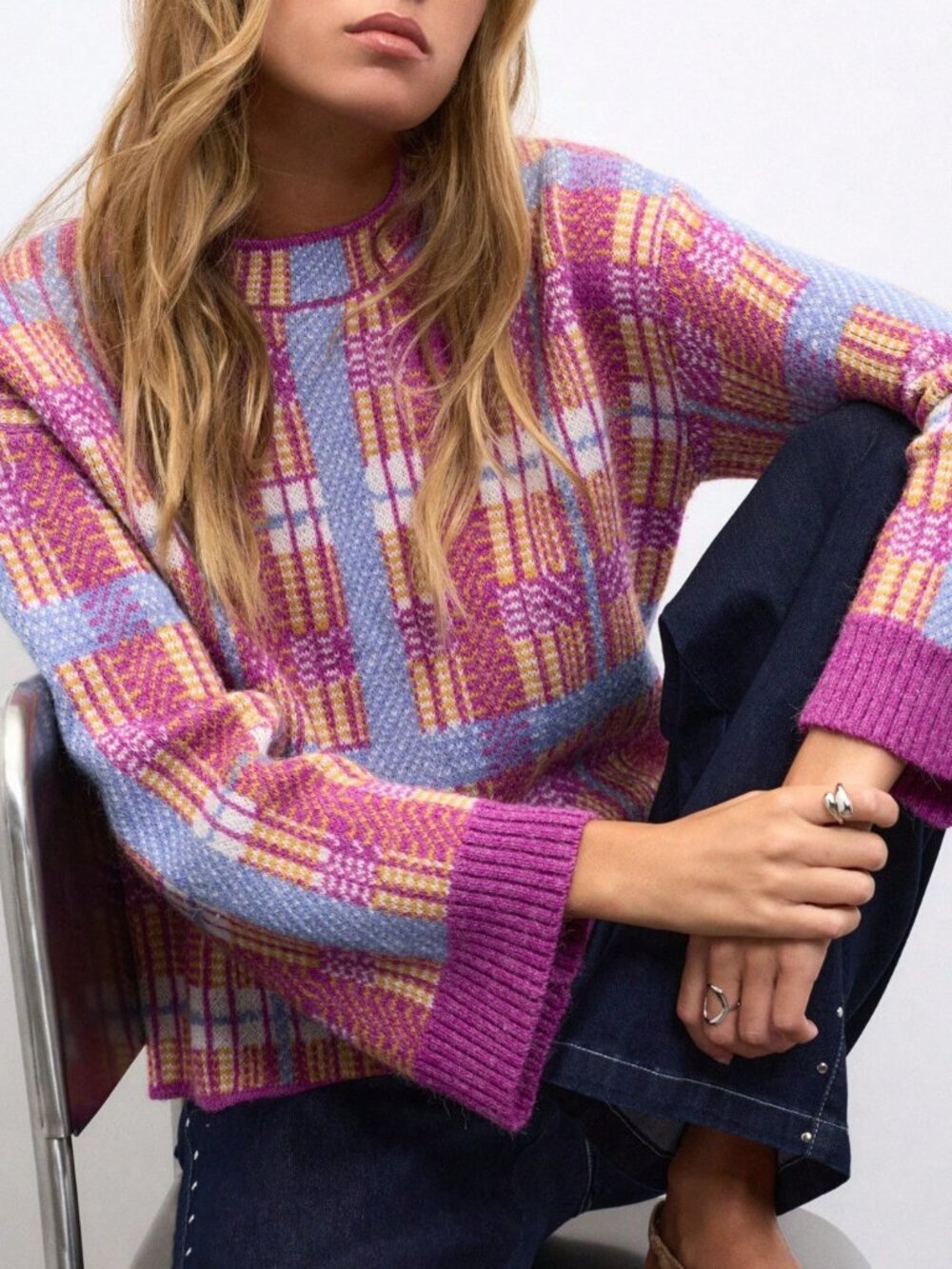 Red Violet Casual Women's Brushed Plaid Knit Sweater With Crew Neck